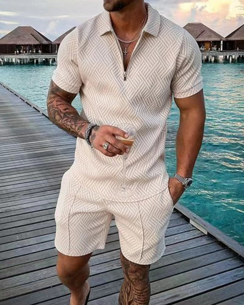 2025 New Summer Men's Shorts Set Short Sleeve Zip Polo Shirt Street T-shirt Two Piece Casual Sportswear_voghion.com