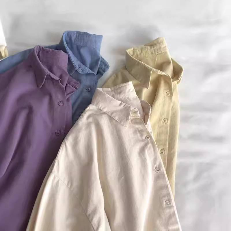 Donna super comoda! Camicia a maniche lunghe in cotone lavato tinta unita bianco per donna, giacca casual primaverile, cardigan ampio_voghion.com
