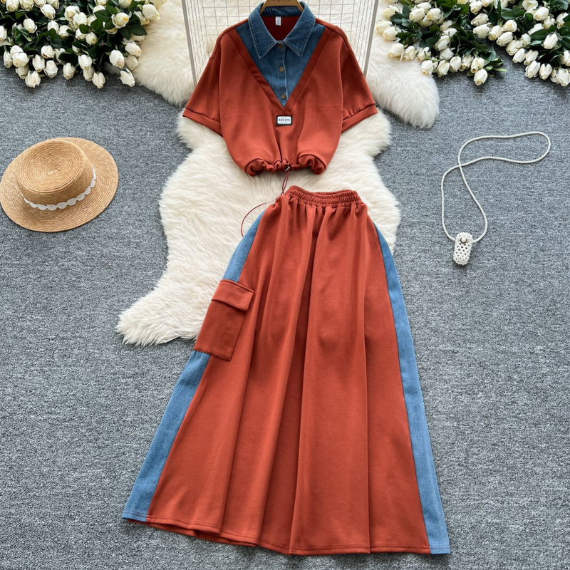 Roupas femininas Salty Light Mature Terno de duas peças para mulheres Verão Cordão na cintura Duas peças Top de manga curta Cintura alta Denim Patchwork Saia_voghion.com