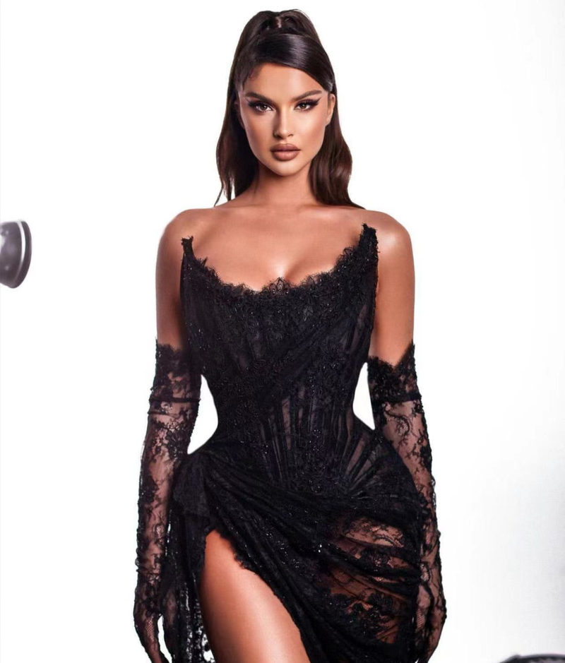 Europäische und amerikanische Mode neue schwarze U-Ausschnitt sexy Spitze elegant mit Handschuhen Party Schlitz langes Abendkleid_voghion.com