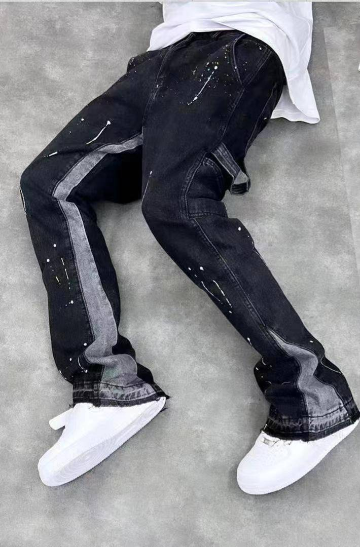 Men's Clothing High Street Trendy Splashed Ink Micro Flared Jeans Retro Vibe Style Loose Straight Casual Mopping Trousers_voghion.com