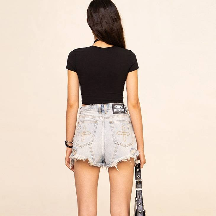 Short en jean taille haute à fleurs croisées peintes à la main, style vintage, en coton vieilli, pour femme, streetwear, mode_voghion.com