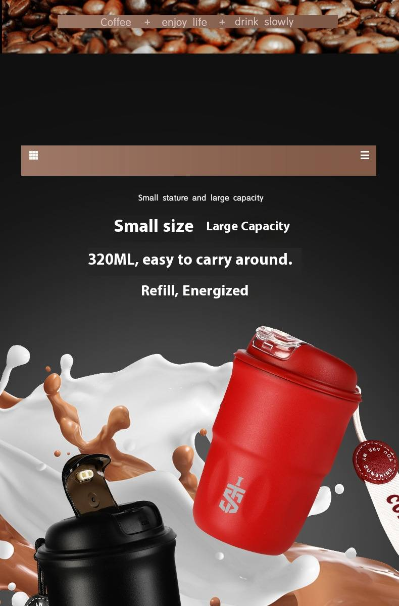 Copo de café moderno e minimalista – Caneca de viagem de aço inoxidável de 320 ml com pega confortável, tampa à prova de vazamentos para bebidas quentes e frias, escritório_voghion.com