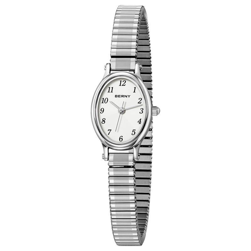 BERNY Zilveren horloge voor dames, sierlijk, gemakkelijk af te lezen, ovale wijzerplaat, quartz armbandhorloge, roestvrij staal, uitschuifbare band, waterdicht, dameshorloges, klein_voghion.com