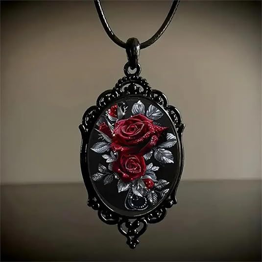 Gothic Rosenglas Halskette für Frauen, Retro Satan Dämon Anhänger, Halloween Rose Halskette, Dunkle Punk Halskette, Victoria Relief Halskette, Geheimnisvoll_voghion.com