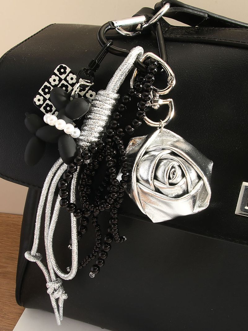 Portachiavi elegante da donna a forma di palloncino rosa in argento con fiocco e perle, accessorio per borsa con ciondolo a catena e ornamenti per borsa_voghion.com