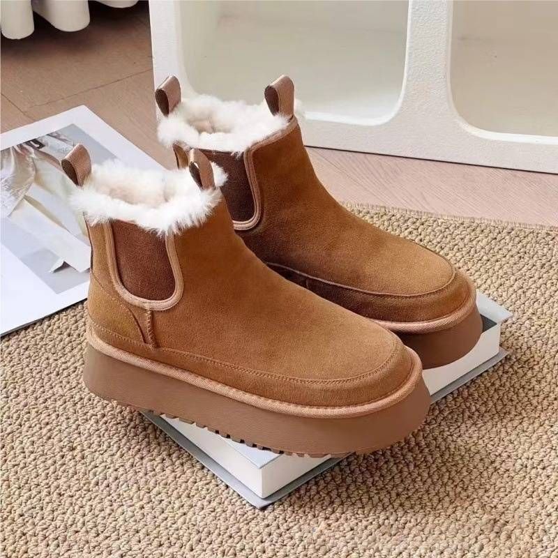 Women's Winter Snow Boots Chunky Chelsea Boots With Fleece Lined, 5cm Platform, Slip-On Warm Casual Booties In Khaki & Fawn Brown_voghion.com