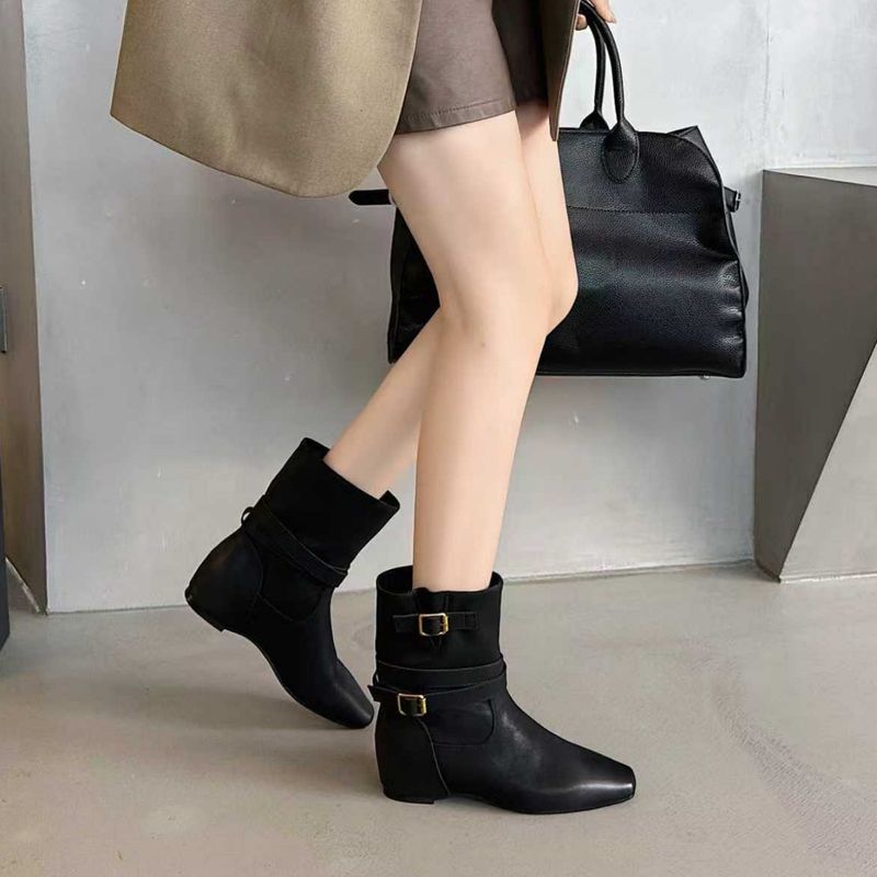 Cameido Women's Fashion Boots Short Ankle Knight Boots With Belt Buckle Flat Heel Hidden Lift Square Toe_voghion.com