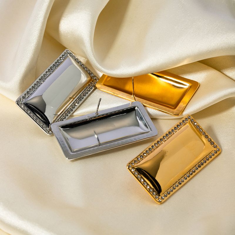 INS trendy gold inlaid diamond smooth rectangular earrings, stainless steel personalized jewelry_voghion.com