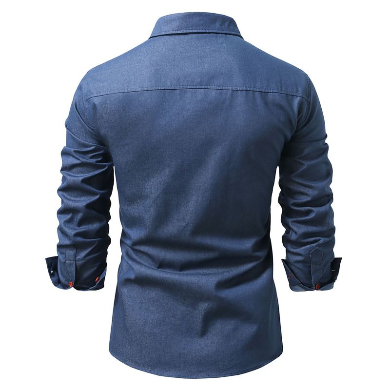 Herrenbekleidung Neue Herren Casual Denim Outdoor Workwear Langarmhemd Jugend Einfarbiges Hemd Herrenbekleidung_voghion.com