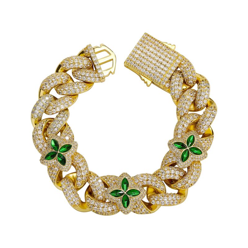 Herrenschmuck, kubanisches Gliederarmband mit vierblättrigem Kleeblatt, grünem Edelstein, verstellbarer Federverschluss, 17,8–20,3 cm, geometrisches Design, Unisex-Modeaccessoire_voghion.com