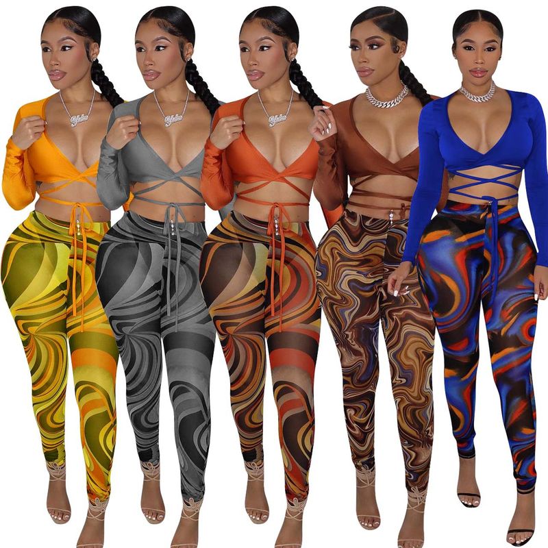 YD8538-D12 Special Offer No Returns Or Exchanges Women's Fashion Sexy Mesh Printed Two-Piece Set_voghion.com