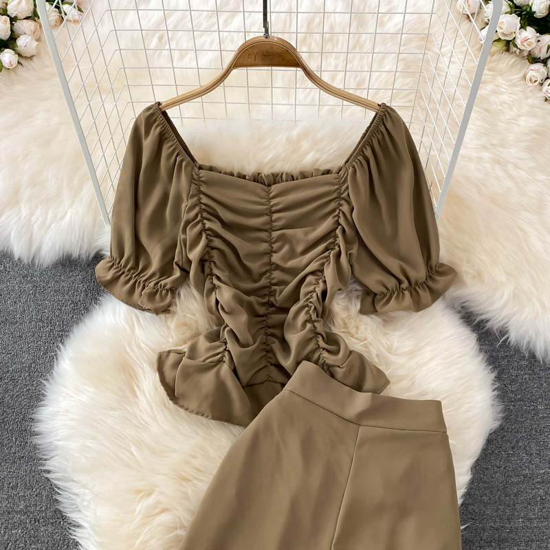 Pantalon décontracté pour femmes, taille haute, drapé, jambes larges, ensemble deux pièces, col carré, chemise courte et slim_voghion.com