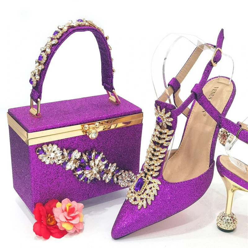 Venus Chan 2023 Italian Design Girly Style Pointed Toe Wedding Shoes And Bag, Full Diamond Decoration Metal Closure Bag_voghion.com
