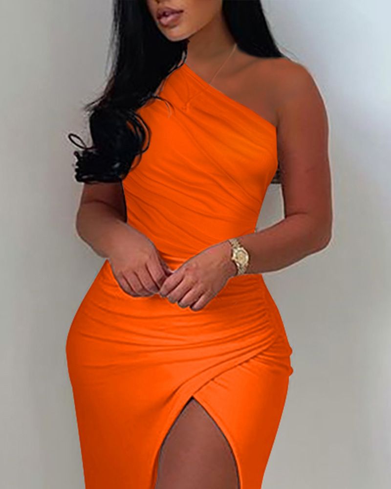 Women's Clothing off-the-shoulder gathered slit dress_voghion.com