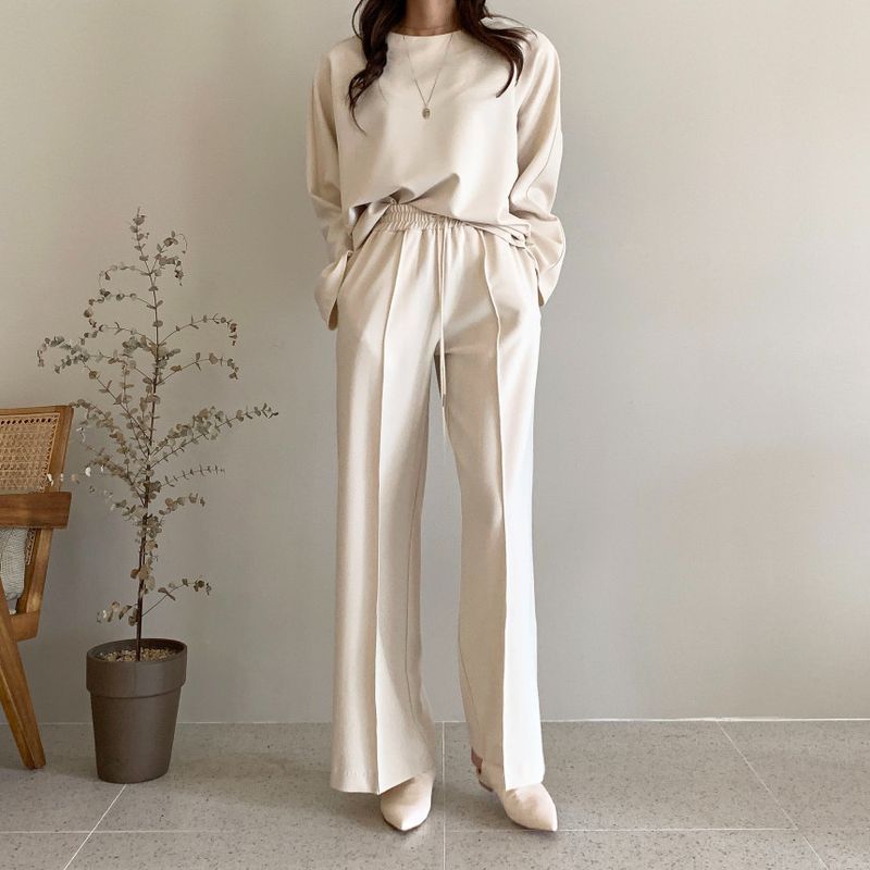 Damenbekleidung Frühfrühling Lazy Loose Sweater Hohe Taille Cover Meat Lässiger Hosenanzug mit weitem Bein für Damen_voghion.com