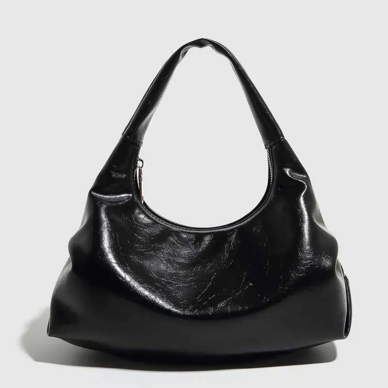 High-end Wrinkled Black Soft Leather Handbag Cloud Dumpling Underarm Shoulder Handheld Women's Bag_voghion.com