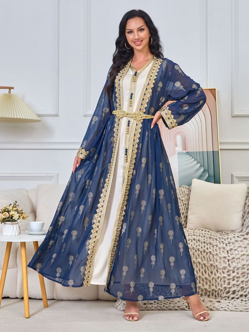 K Damenkleid, lange Robe, bestickte Strickjacke, Weste, zweiteiliges Kleid;_voghion.com