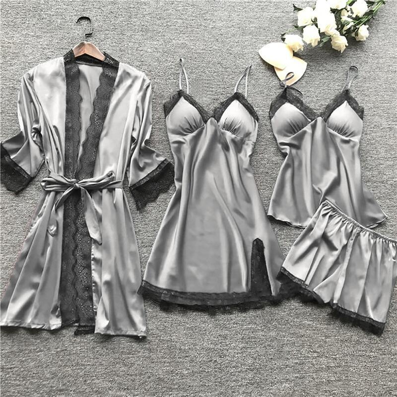 Pijama sexy Midnight Glamour, pijama sexy, conjunto de cuatro piezas, tirantes para mujer con almohadillas para el pecho_voghion.com