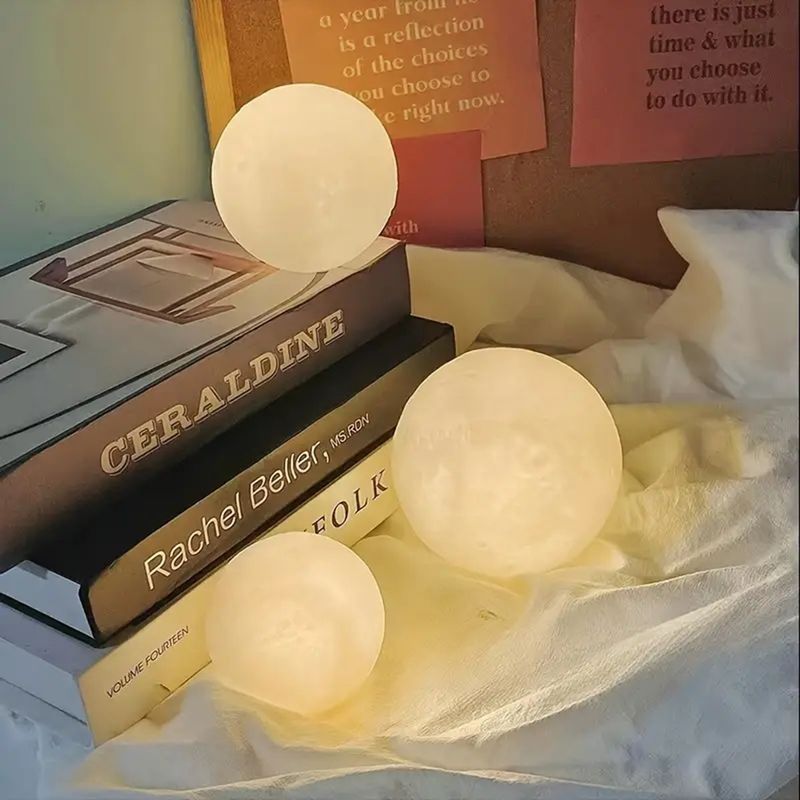Moon Lamp With Bracket, Suitable As A Gift For Friends And Lovers, White Spherical Moon Lamp With Wooden Frame Base_voghion.com
