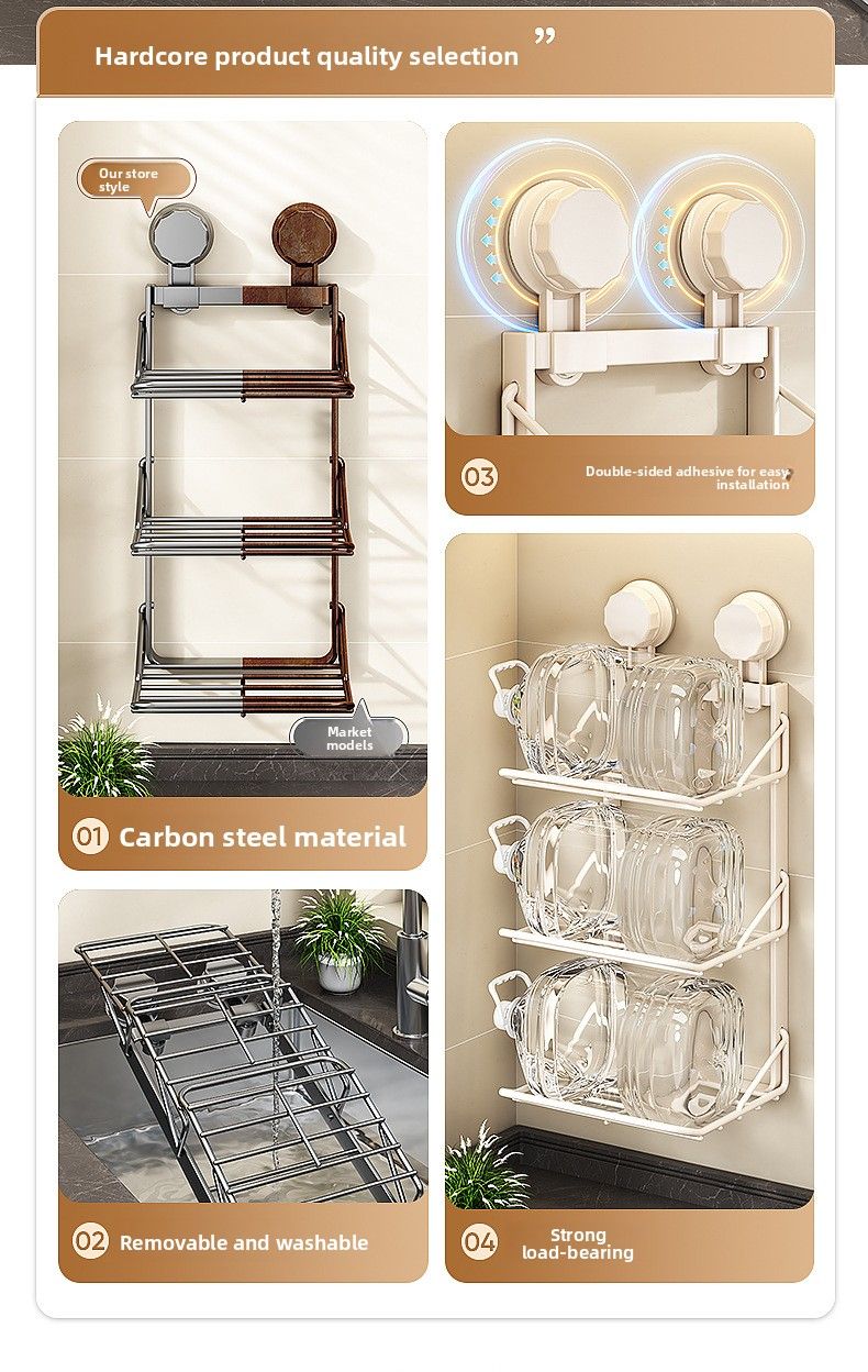 New Kitchen Suction Cup Household Multi-layer No-drill Prep Tool Wall-mounted Storage Rack_voghion.com