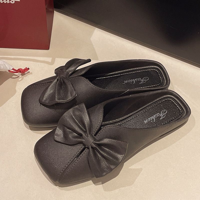 Sandales à nœud papillon Wo, vêtements d'extérieur, nouvelle mode été 2025, pantoufles plates à bout carré de style coréen polyvalentes pour_voghion.com