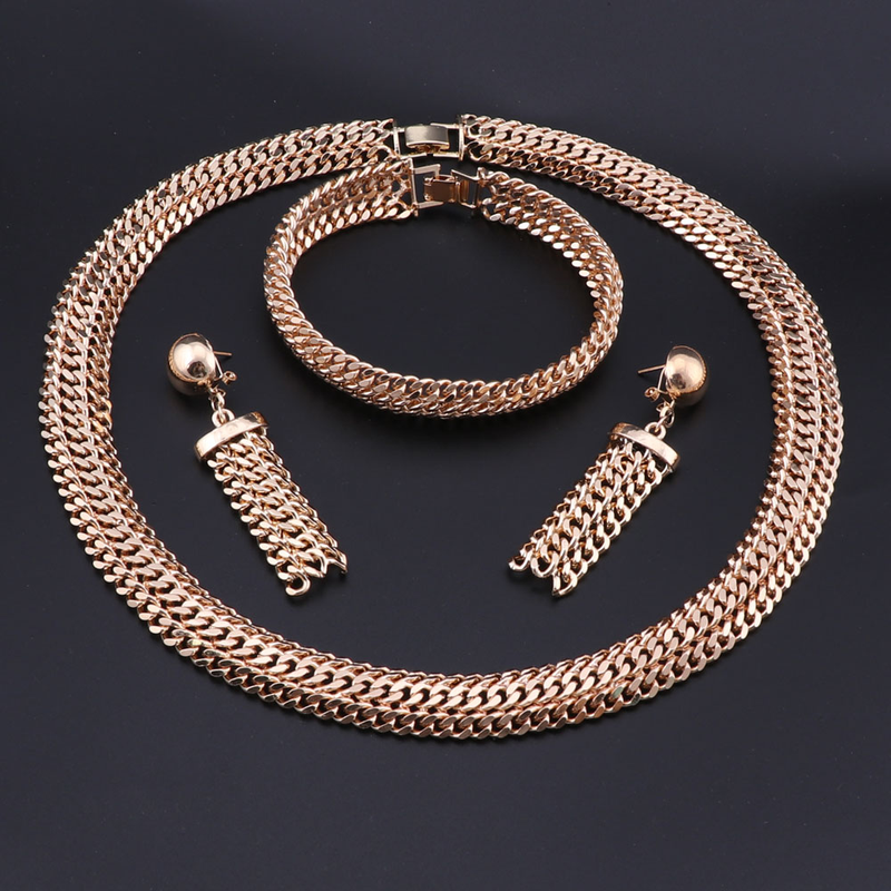 Set de bijuterii de petrecere de culoare aurie africană pentru femei, costum de sârmă cu farmecul colierului, brățării, cercei, bijuterii de mireasă nigeriene_voghion.com