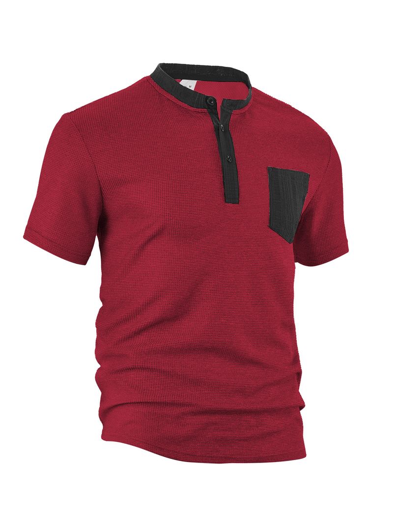 Unbeatable Quality Men's Clothing Inventory Summer New Product Machine Washable Patch Bag, Open Placket, Color Blocked Polyester Waffle_voghion.com