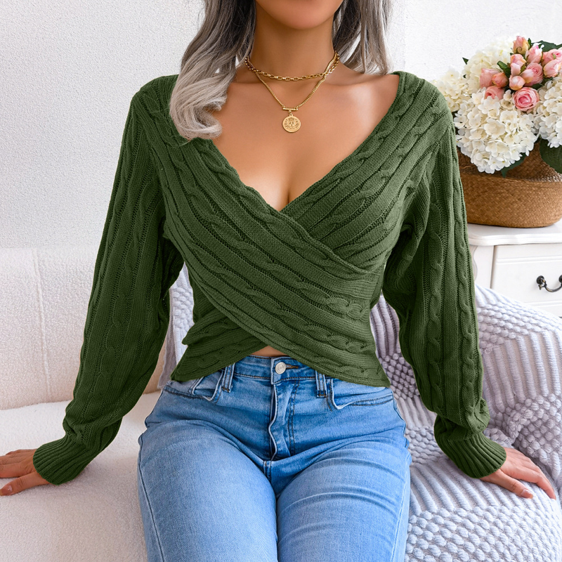 Women Sexy Wrap V Neck Cross Front Pullover Sweater Slim Long Sleeve Solid Color Ribbed Knitted Knitwear Jumper Crop Top_voghion.com