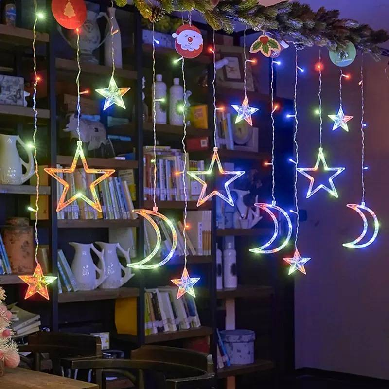 Lampki choinkowe LED w kształcie gwiazdek i księżyca – 2 x 3,5 m, do użytku wewnątrz, na Boże Narodzenie i wesela (120 diod LED, 4000 K, IP43, wtyczka 220 V)_voghion.com