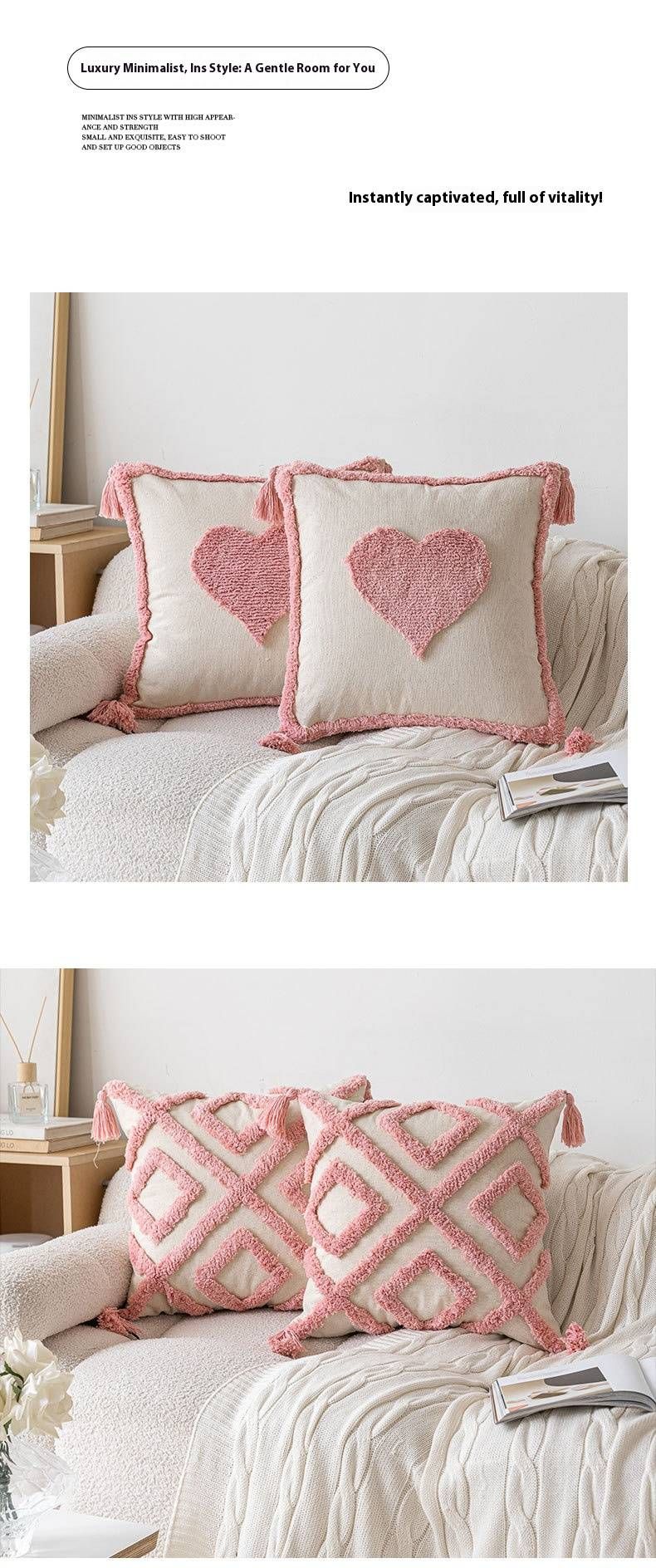 Cojín de corazón con mechones esponjosos: suave y lavable, estilo bohemio, para sofá, cama y habitación de bebé (rosa, 40,6 x 40,6 cm)_voghion.com