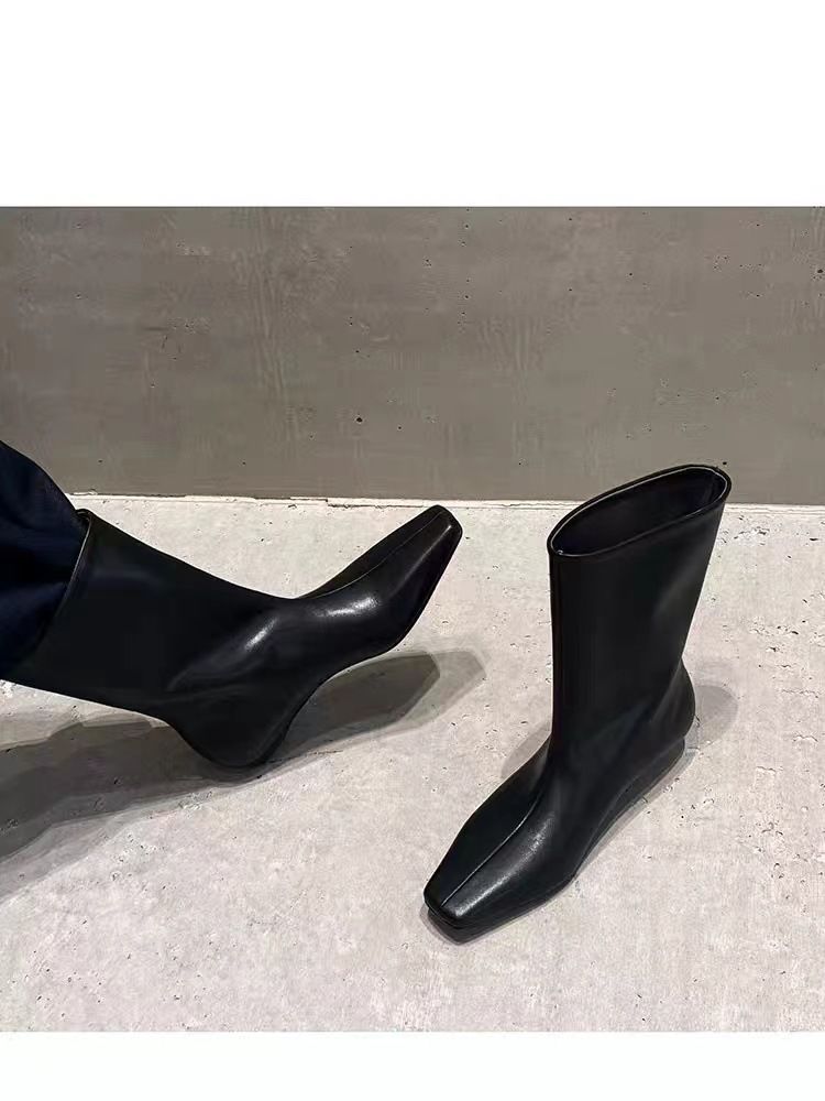 Bottes d'équitation Zees style coréen, bout carré, plates, mi-mollet, courtes, polyvalentes et élégantes, tige fine et large, pour femmes_voghion.com