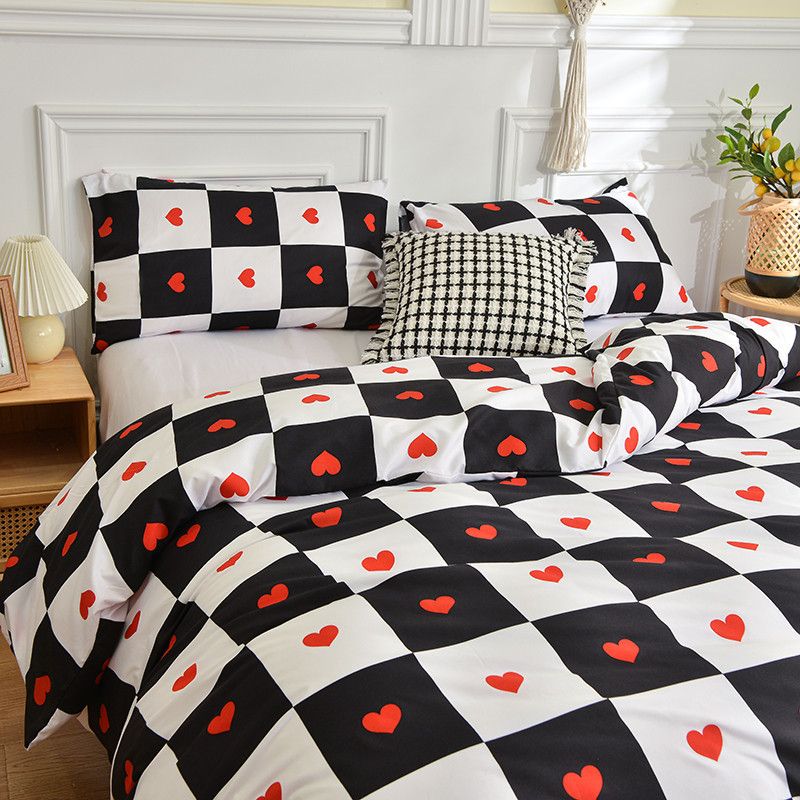 Soft Fiber Simple Black And White Checkerboard Bedding Set Love Double Sided Printing Duvet Cover Quilt Cover 3PC Bedding Set_voghion.com