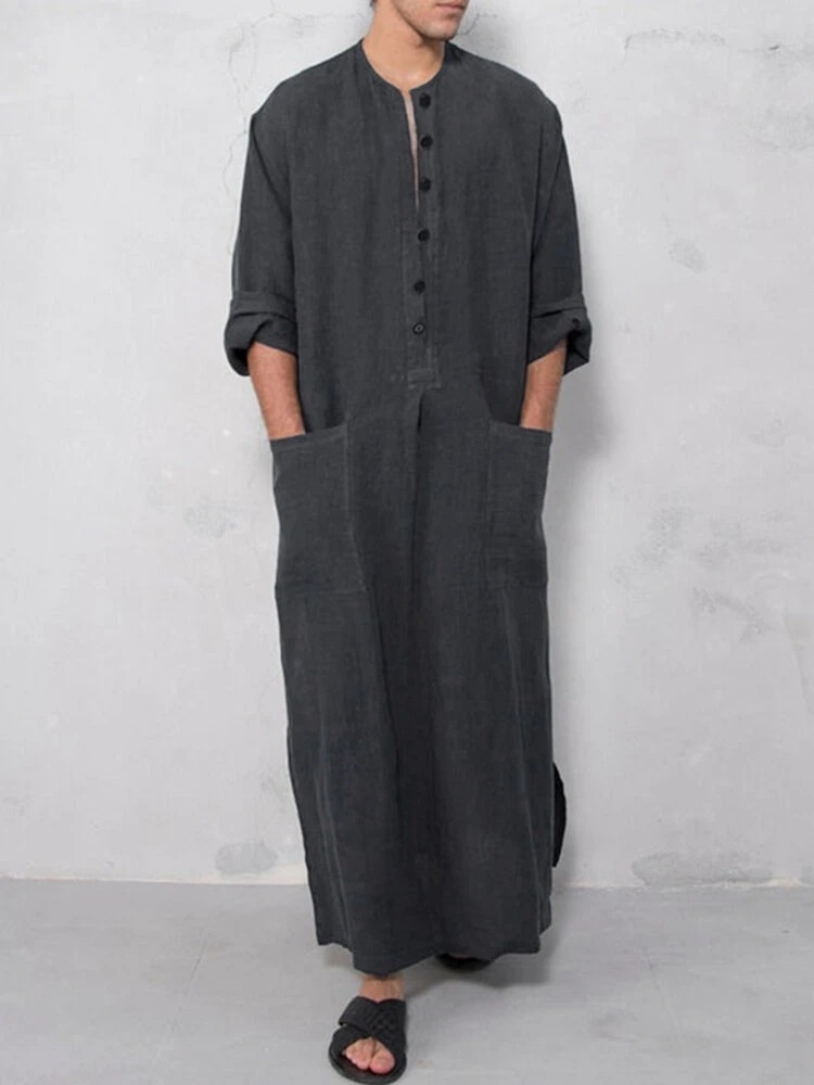 Novo robe masculino de manga comprida, estilo étnico, com gola solta e fechamento por barril, da Muslim Dubai_voghion.com