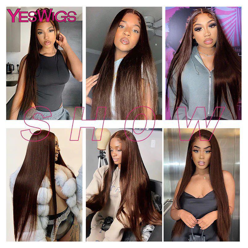 hot selling 13x6 Chocolate Brown Colored Front Human Hair HD Transparent Straight 360 Full Lace Frontal Wigs For Women Glueless_voghion.com