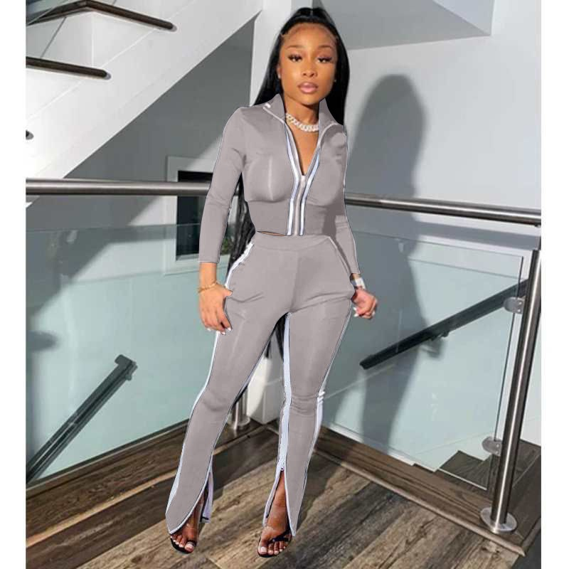 Women's trouser leg zipper split color matching sportswear suit_voghion.com