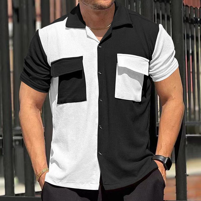 2024 Verão Novos Homens Color Block Manga Respirável Lazer Praia Camisa Curta Botão Cardigan_voghion.com