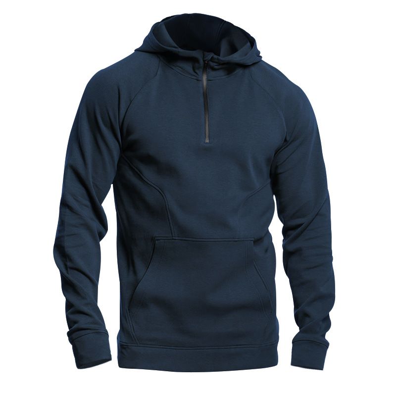 Men's Clothing New Long Sleeved Stand Up Collar Casual Pullover Hooded Half Zip Block Plus Velvet Sweatshirt_voghion.com