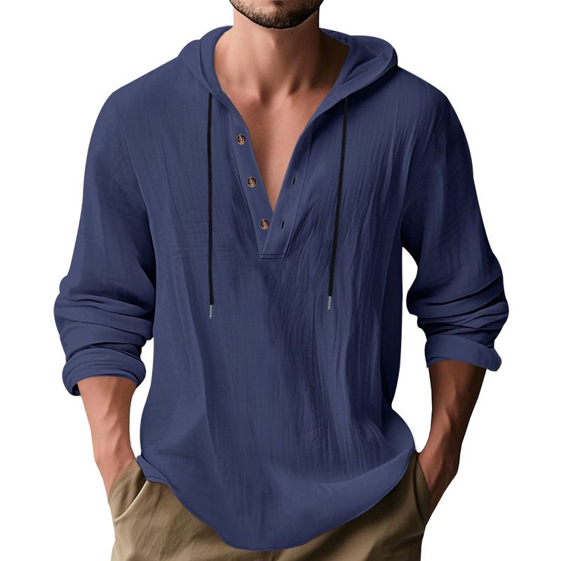 Lente en herfst lang mouwen linnen overhemd heren capuchon casual losse T-shirt trui heren_voghion.com