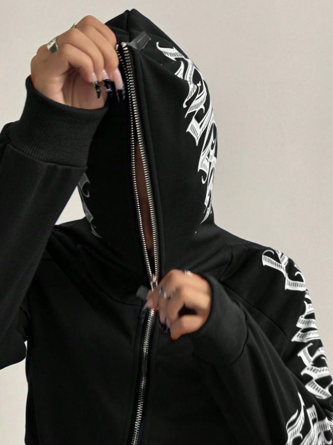 Felpa con cappuccio alla moda con zip, coulisse e stampa - Streetwear attillato e corto da donna (rosso, blu, nero) - Taglie dalla M alla 2XL_voghion.com