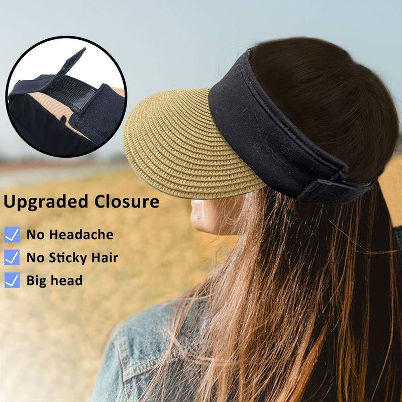 BABAHU Outdoor Women's Grass Weaving Sunshade Hat with Wide Brim Summer Empty Top Sun Hat Ponytail Braid Beach Hat Foldable_voghion.com