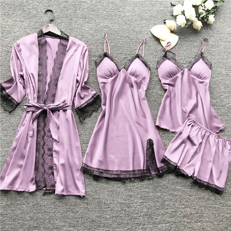 Pijama sexy Midnight Glamour, pijama sexy, conjunto de cuatro piezas, tirantes para mujer con almohadillas para el pecho_voghion.com