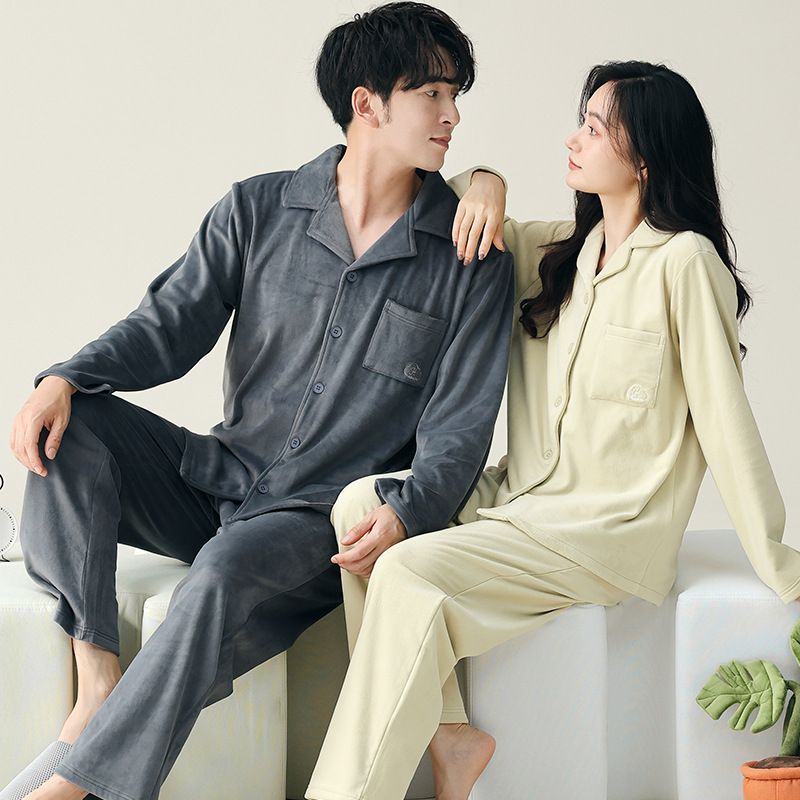 Island Paar Pyjamas Damen Herbst und verdickte Korallen Samt Home Kleidung einfarbig Herren Set Winter_voghion.com