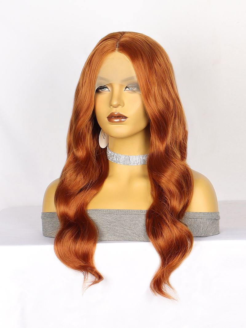 Synthetische Clip-in-Perücke, modische Perücke, Spitzen-Kopfbedeckung, schmutziges Orange, langes lockiges Haar, mittellanges Kopfbedeckung aus gespaltener Faser, Hochtemperaturdraht_voghion.com