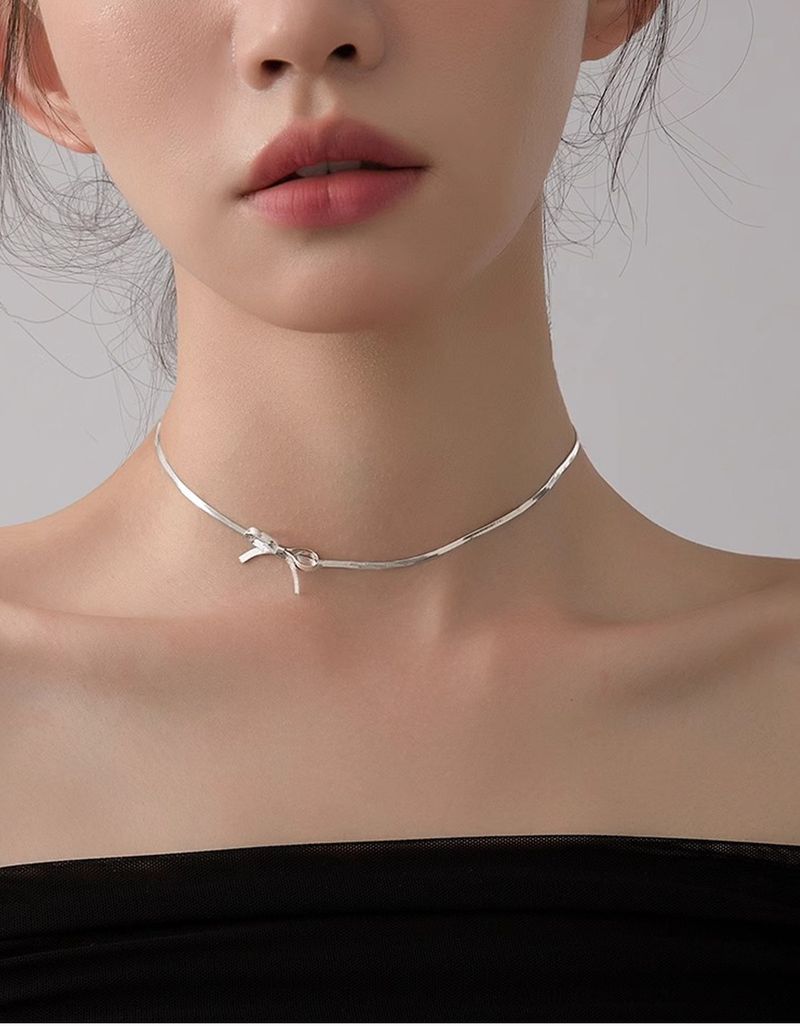 Bow Choker Necklace - Flat Snake Chain Collar (Adjustable Minimalist Gift Box Included)_voghion.com