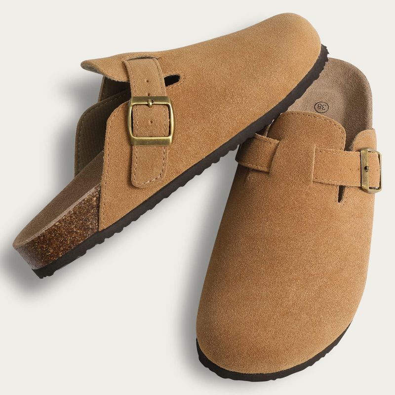 Zuecos de ante para mujer y hombre, sandalias con plantilla de corcho y soporte para el arco, antideslizantes, para playa y exteriores._voghion.com