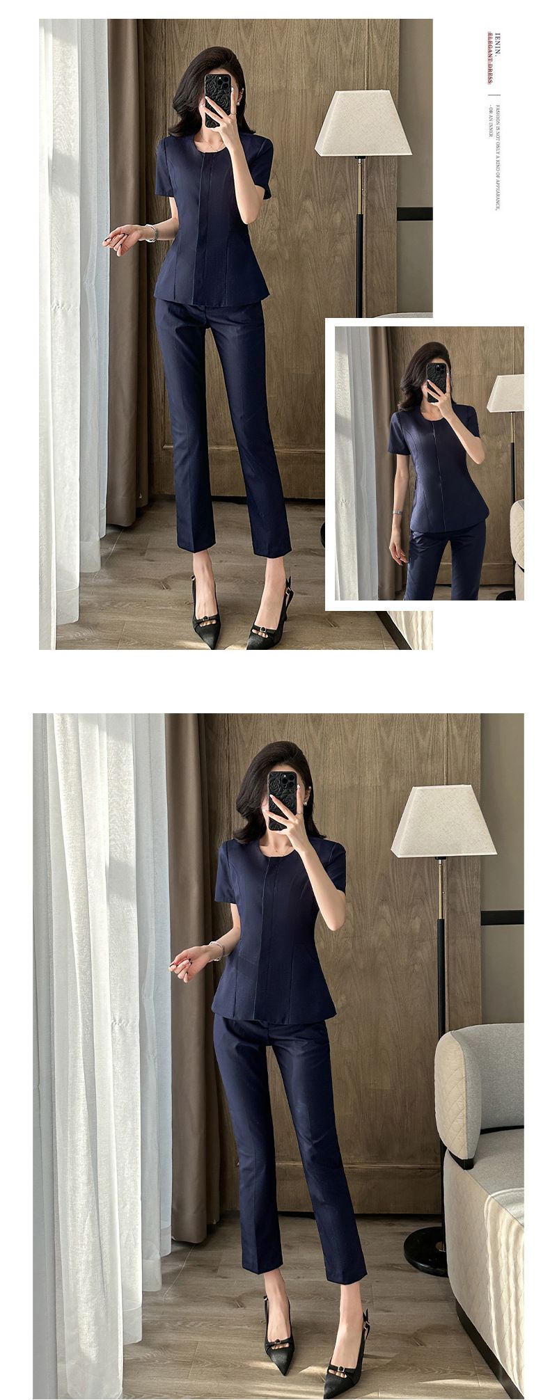 Abito professionale a maniche corte blu navy da donna, stile estivo sottile, consulente di bellezza, abbigliamento formale_voghion.com