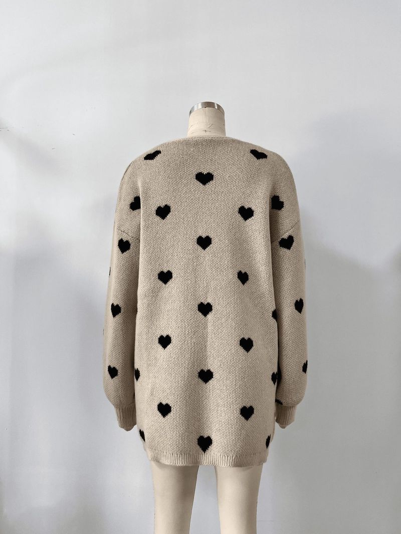 Langärmliger Jacquard-Strickcardigan mit Herzmotiv – Übergroßer Pullover mit V-Ausschnitt und offener Vorderseite in Beige | Boho Chic & Casual (S-XL)_voghion.com