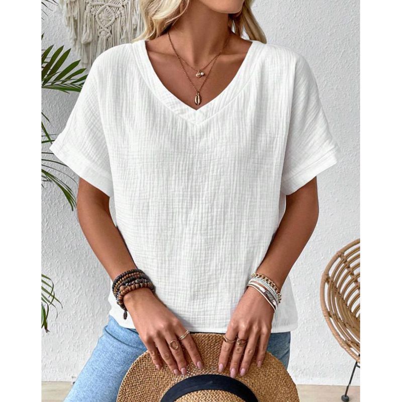 Effen dames T-shirt met V-hals en korte mouwen_voghion.com