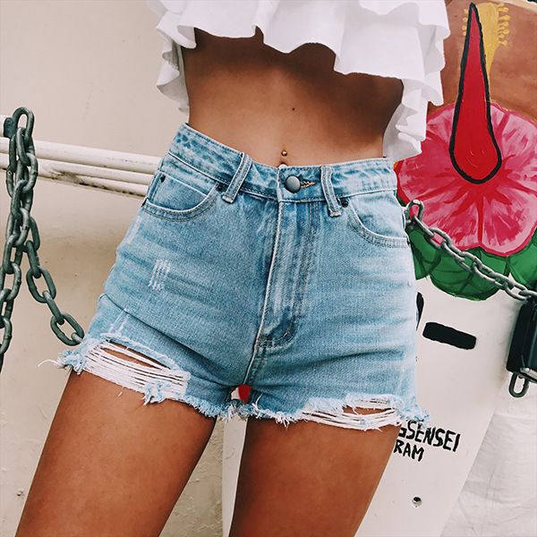 Damkläder Retro Ins Heta Klassiska Stil Sidoslits Rivna Kattklo Hög Midja Denimshorts Hotpants_voghion.com